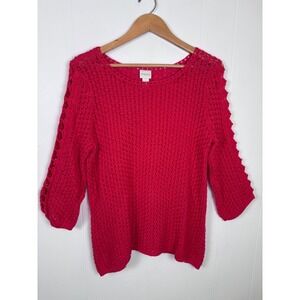 Chico's 1 Crochet Knit Top Cutout Sleeve Hot Pink Sweater‎ Pullover Size Medium